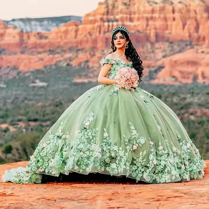 Light Sage Green Quinceanera Dresses Sweet 16 Pageant Floral Ball Gown  Y2063 - Image 3