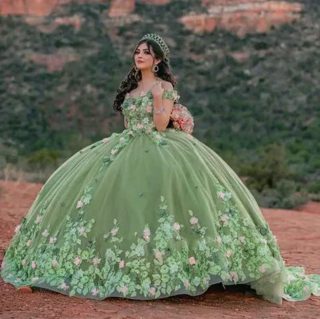 Light Sage Green Quinceanera Dresses Sweet 16 Pageant Floral Ball Gown  Y2063 - Image 4