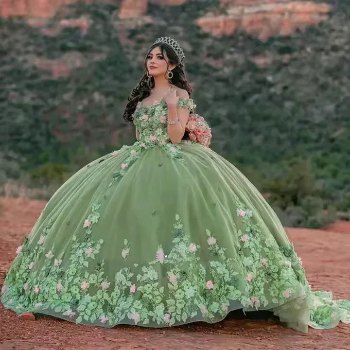 Light Sage Green Quinceanera Dresses Sweet 16 Pageant Floral Ball Gown  Y2063 - Image 5