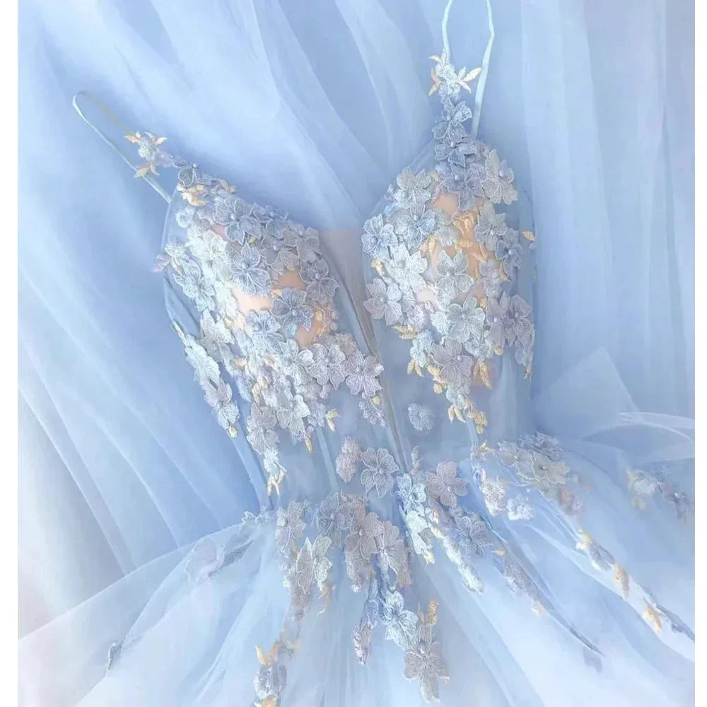 Light Sky Blue Prom Dresses, Handmade Flowers Prom Dresses, Light Sky Blue Evening Dresses Y4002 - Image 2