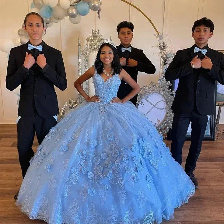 Light Sky Blue Quinceanera Off Shoulder Tulle 3D Floral Formal Birthday Luxury Dress 15th Ball Gown Y6958 - Image 2