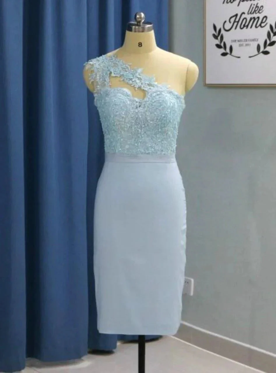 Light Sky Blue Short Knee Length One Shoulder Homecoming Dresses  PD276 - Image 2