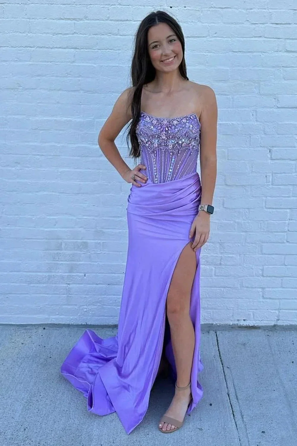 Lila | Strapless Mermaid Satin Beaded Prom Dress With Split - Image 5