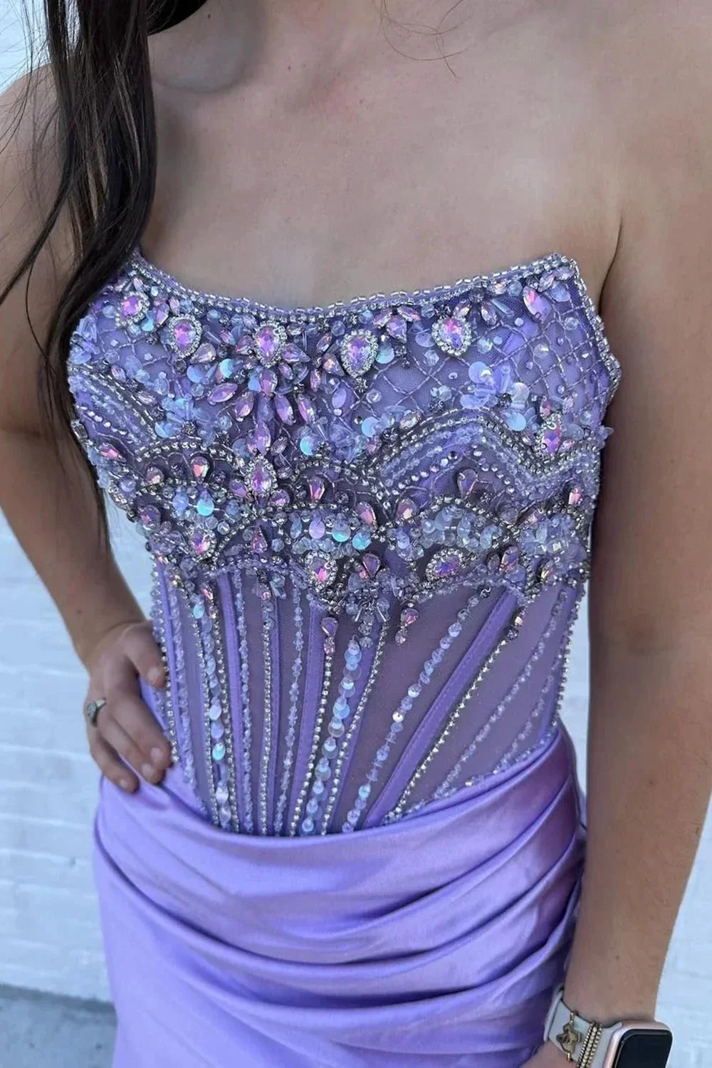 Lila | Strapless Mermaid Satin Beaded Prom Dress With Split - Image 6