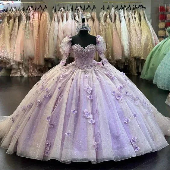 Lilac 3D Flowers Ball Gown Quinceanera Dresses Puff Long Sleeves  Y6580 - Image 2