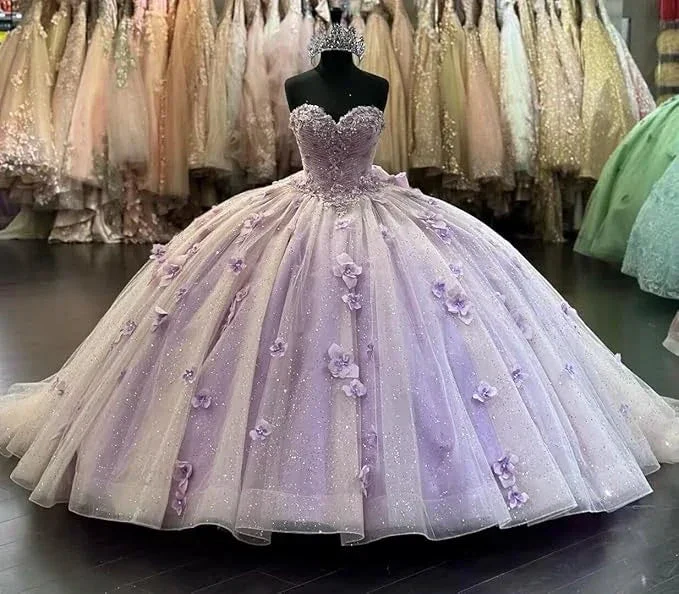 Lilac 3D Flowers Ball Gown Quinceanera Dresses Puff Long Sleeves  Y6580 - Image 3