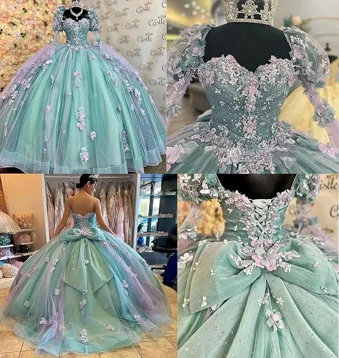 Lilac 3D Flowers Ball Gown Quinceanera Dresses Puff Long Sleeves  Y6580 - Image 4