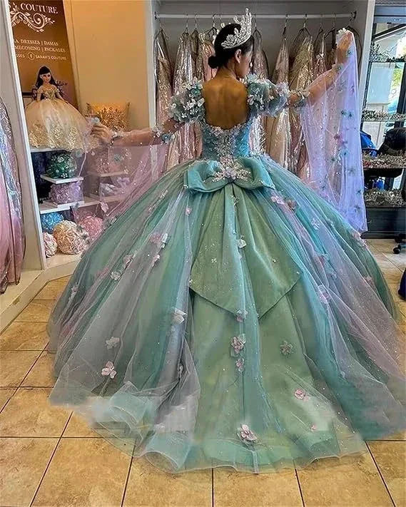 Lilac 3D Flowers Ball Gown Quinceanera Dresses Puff Long Sleeves  Y6580 - Image 5