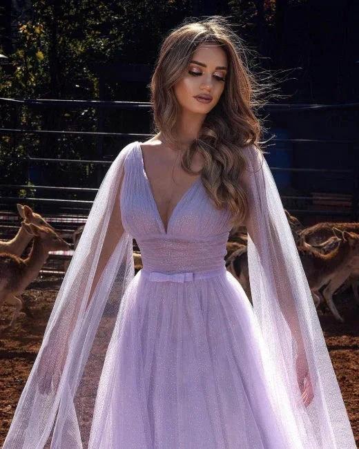 Lilac A-line Long V-Neck Long Sleeves Prom Dresses with Glitter - Image 2