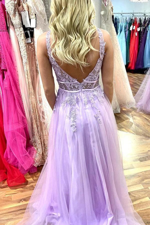 Lilac A-line V Neck Beaded Appliques Sleeveless Tulle Long Prom Dress  PSK413 - Image 2