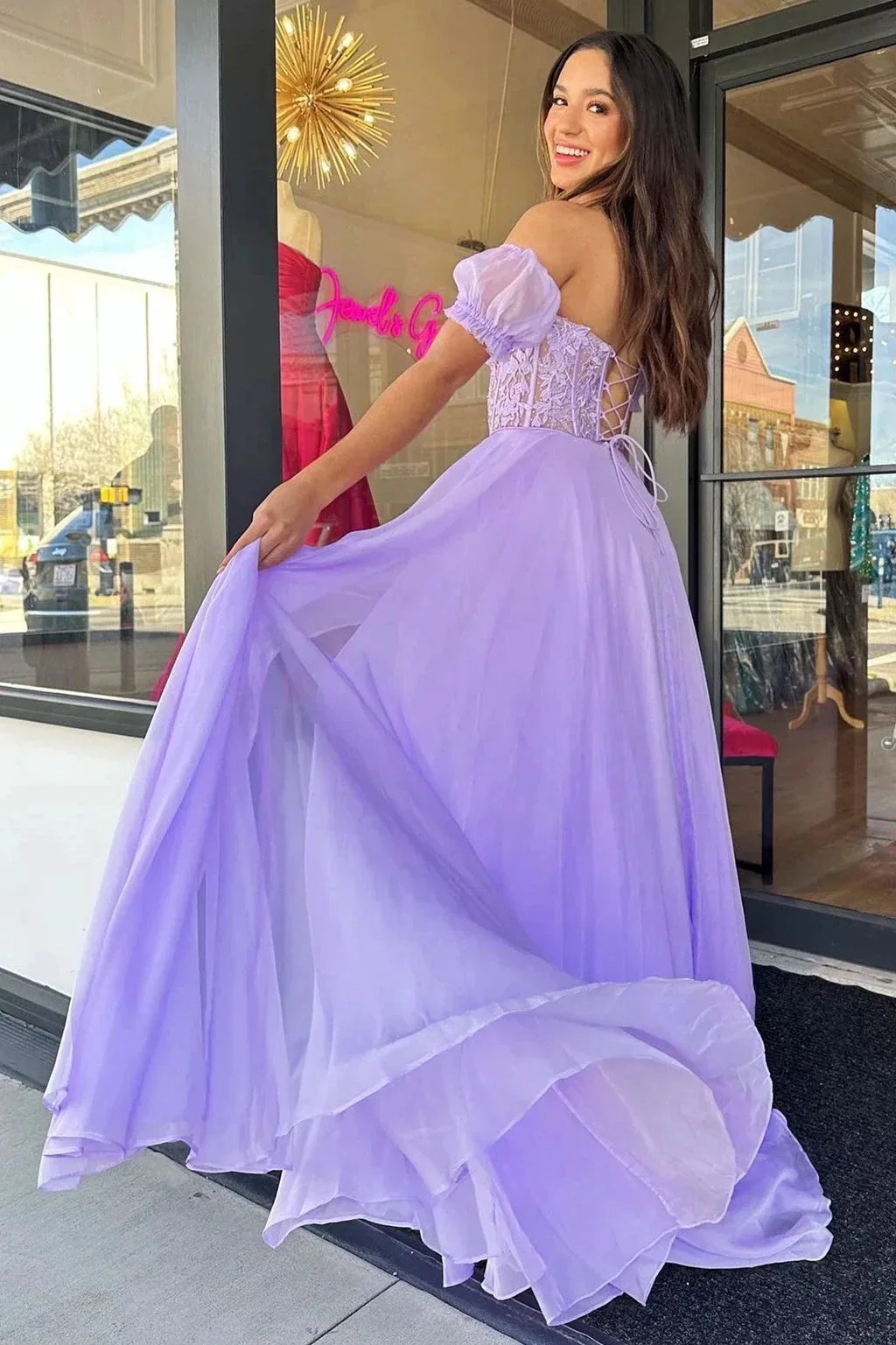 Rachel |A line Sweetheart Chiffon Prom Dress with Puff Sleeves - Image 2