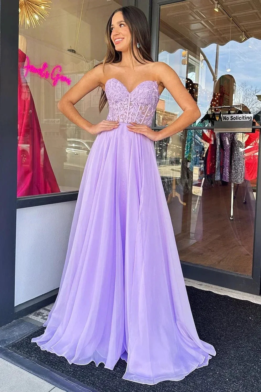 Rachel |A line Sweetheart Chiffon Prom Dress with Puff Sleeves - Image 4