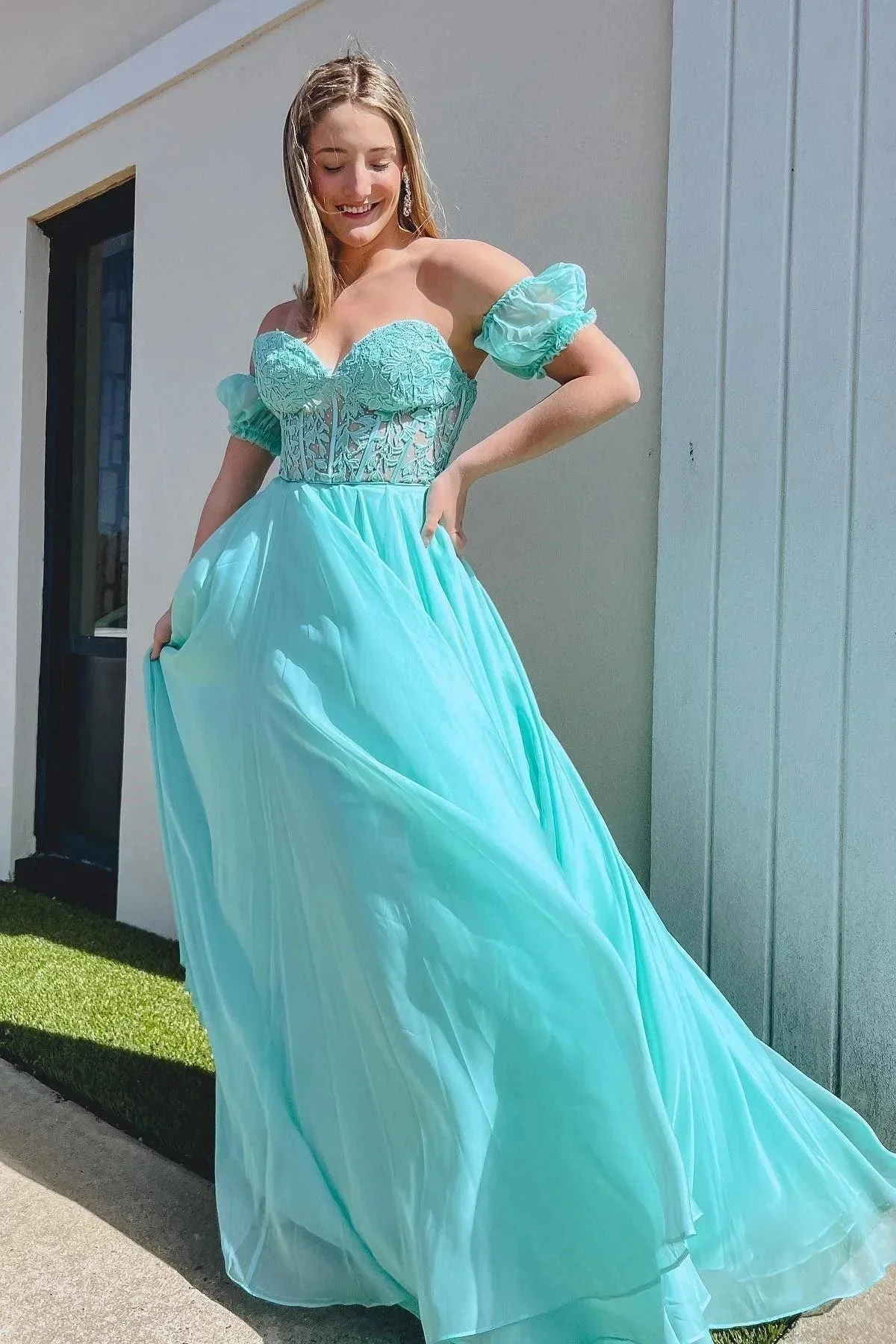 Rachel |A line Sweetheart Chiffon Prom Dress with Puff Sleeves - Image 5