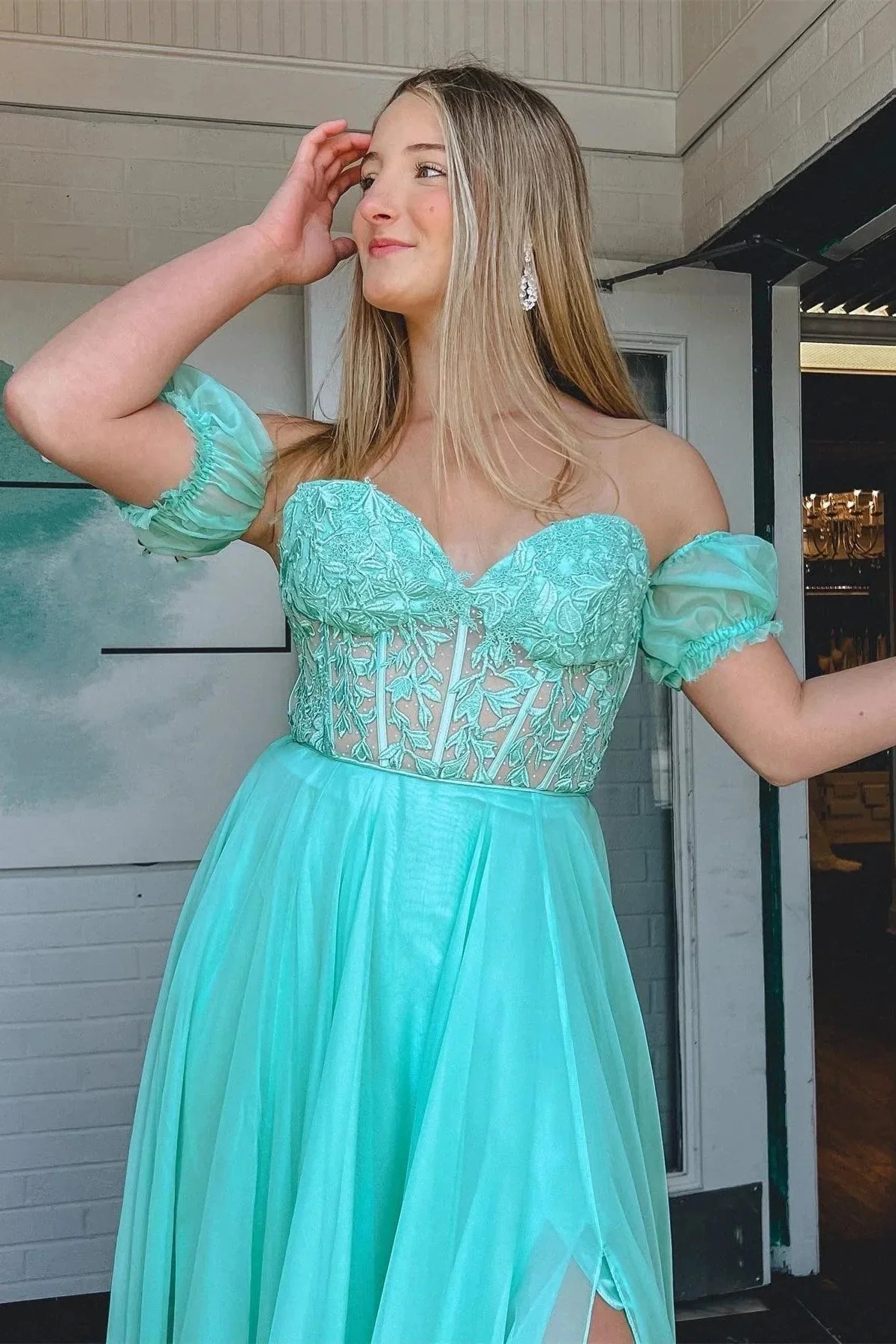 Rachel |A line Sweetheart Chiffon Prom Dress with Puff Sleeves - Image 6