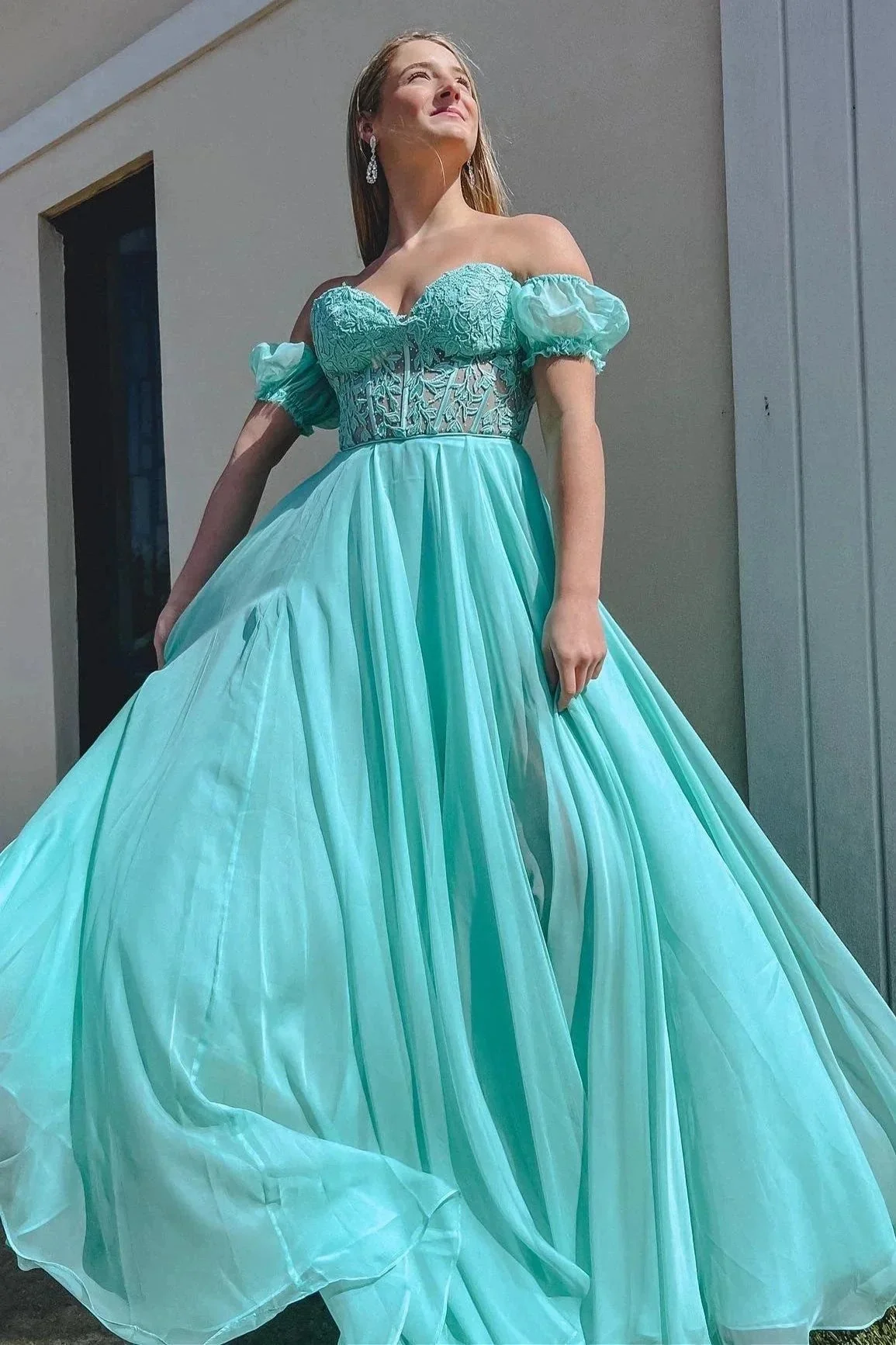 Rachel |A line Sweetheart Chiffon Prom Dress with Puff Sleeves - Image 7