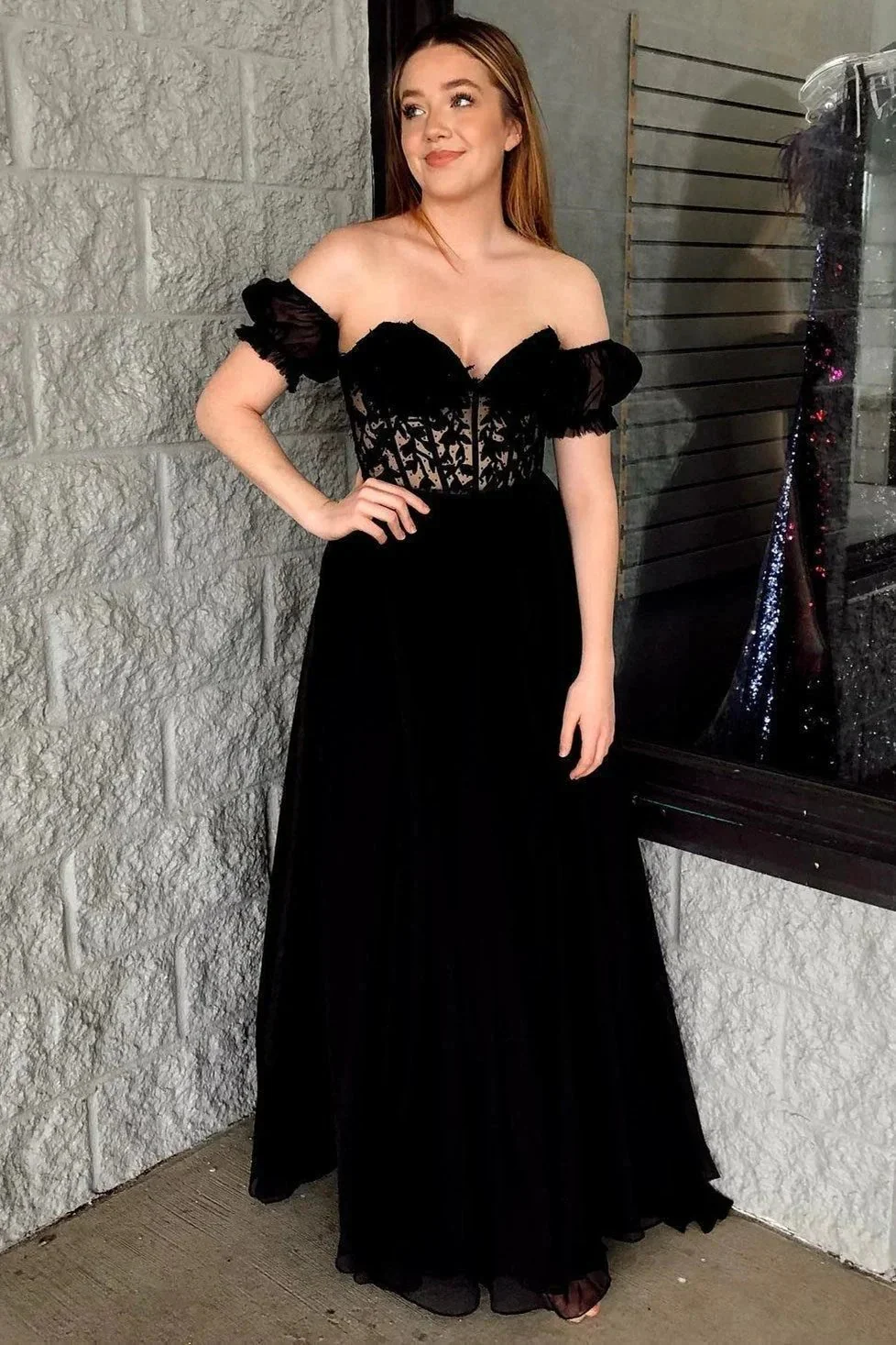 Rachel |A line Sweetheart Chiffon Prom Dress with Puff Sleeves - Image 8