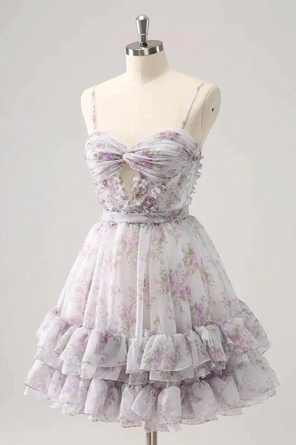 Lilac Floral Homecoming Dress Cute Homecoming Dress With Hole PD561 - Image 3