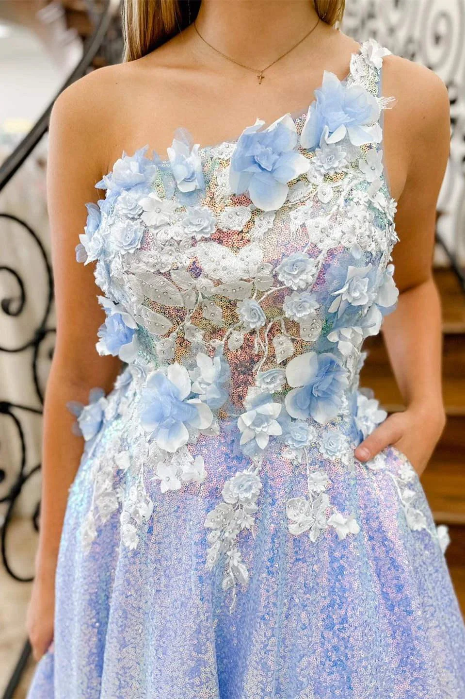 Azaria | Lilac One Shoulder 3D Flowers Sequin Long Formal Dress - Image 2