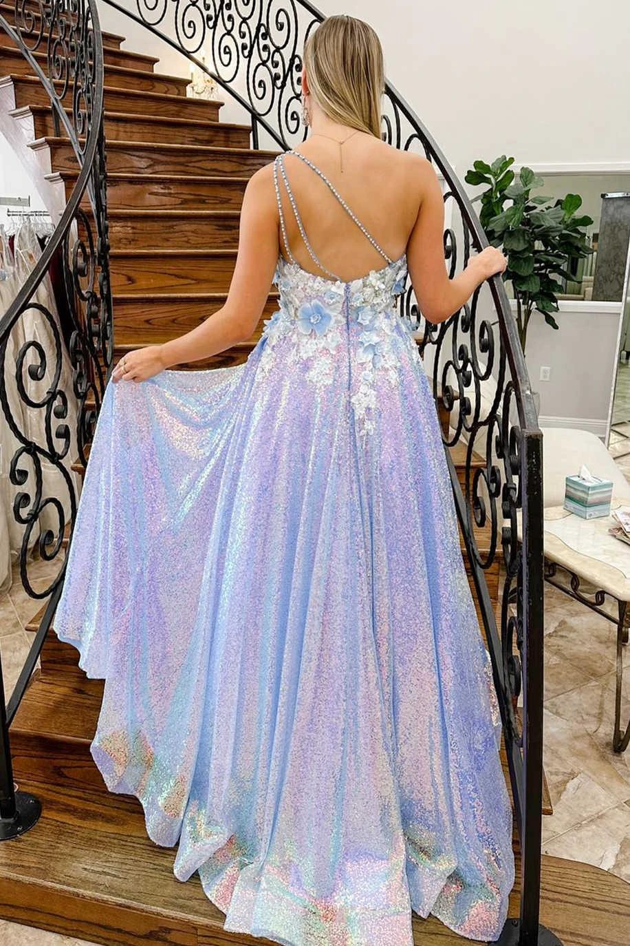 Azaria | Lilac One Shoulder 3D Flowers Sequin Long Formal Dress - Image 3