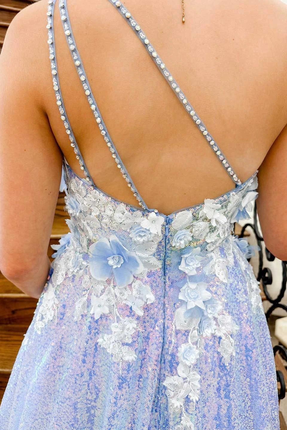 Azaria | Lilac One Shoulder 3D Flowers Sequin Long Formal Dress - Image 4