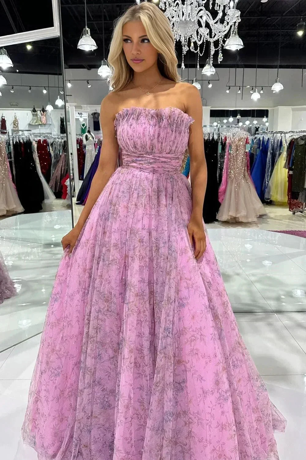 Amani |A line Strapless Printed Glitter Tulle Prom Dress - Image 2