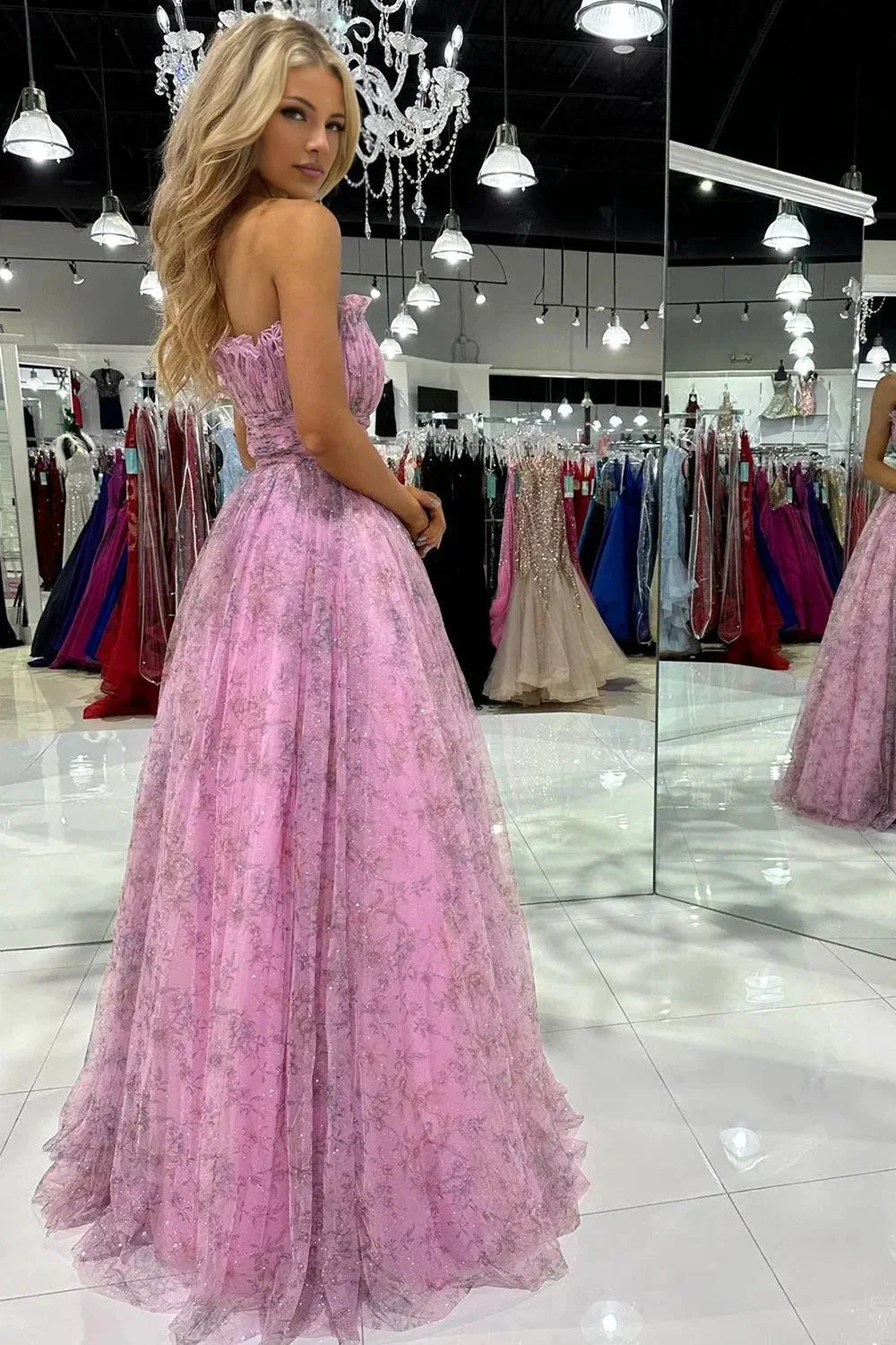 Amani |A line Strapless Printed Glitter Tulle Prom Dress - Image 3