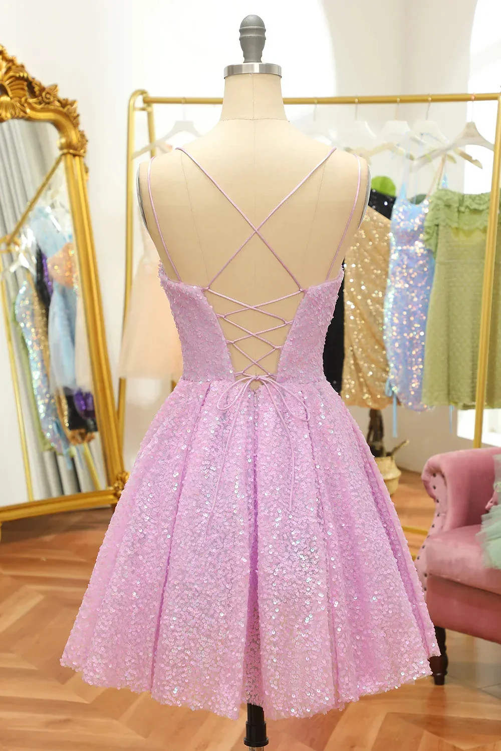 Lilac Sequins A-Line Lace-Up Homecoming Dress Y2994 - Image 2
