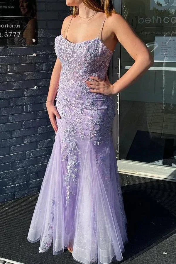 Lilac Spaghetti Straps Lace Appliques Mermaid Prom Dress Long Evening Gown Y7933 - Image 2