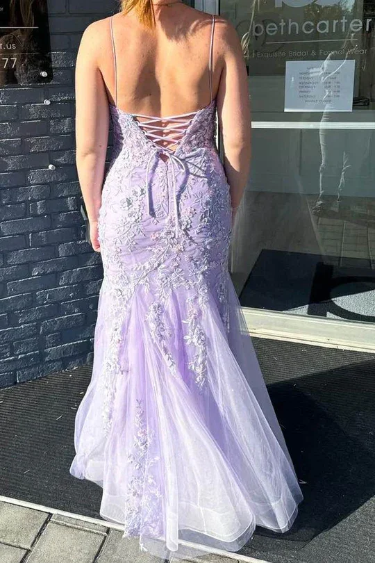Lilac Spaghetti Straps Lace Appliques Mermaid Prom Dress Long Evening Gown Y7933 - Image 3