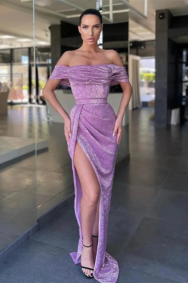 Lilac Split Front Off-The-Shoulder Prom Dress  With Sequins - Image 2