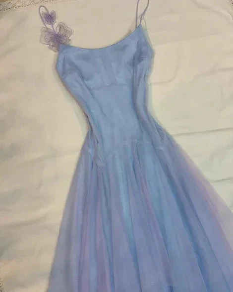 Lilac Tulle A Line Party Dress Straps Homecoming Dress With Flowers Y8143 - Image 2