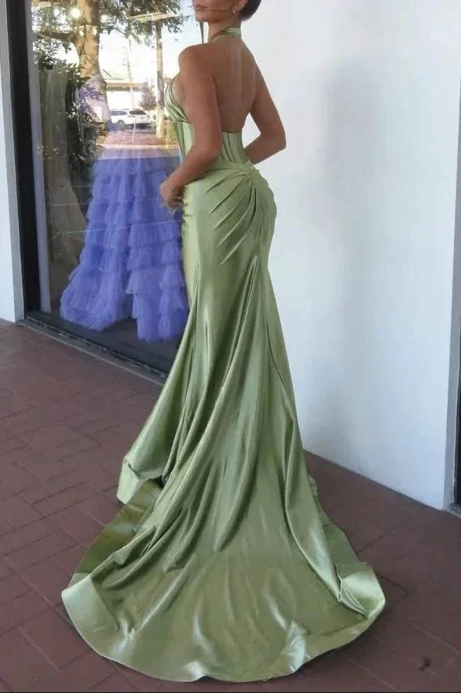 Lilo | Mermaid Sage Halter Corset Long Prom Dress with Rosette Embellishment - Image 2