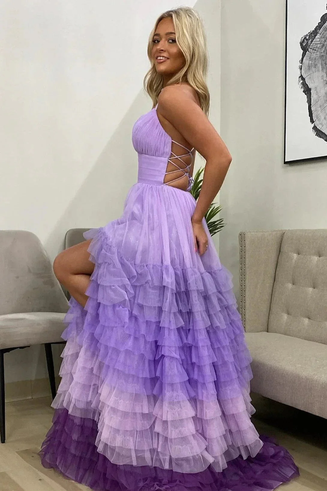 Linae | A Line V Neck Lilac Tulle Prom Dresses with Slit - Image 2