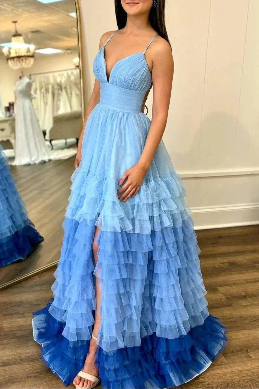 Linae | A Line V Neck Lilac Tulle Prom Dresses with Slit - Image 3