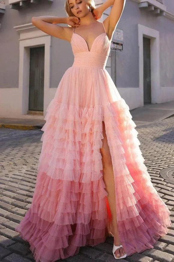 Linae | A Line V Neck Lilac Tulle Prom Dresses with Slit - Image 4