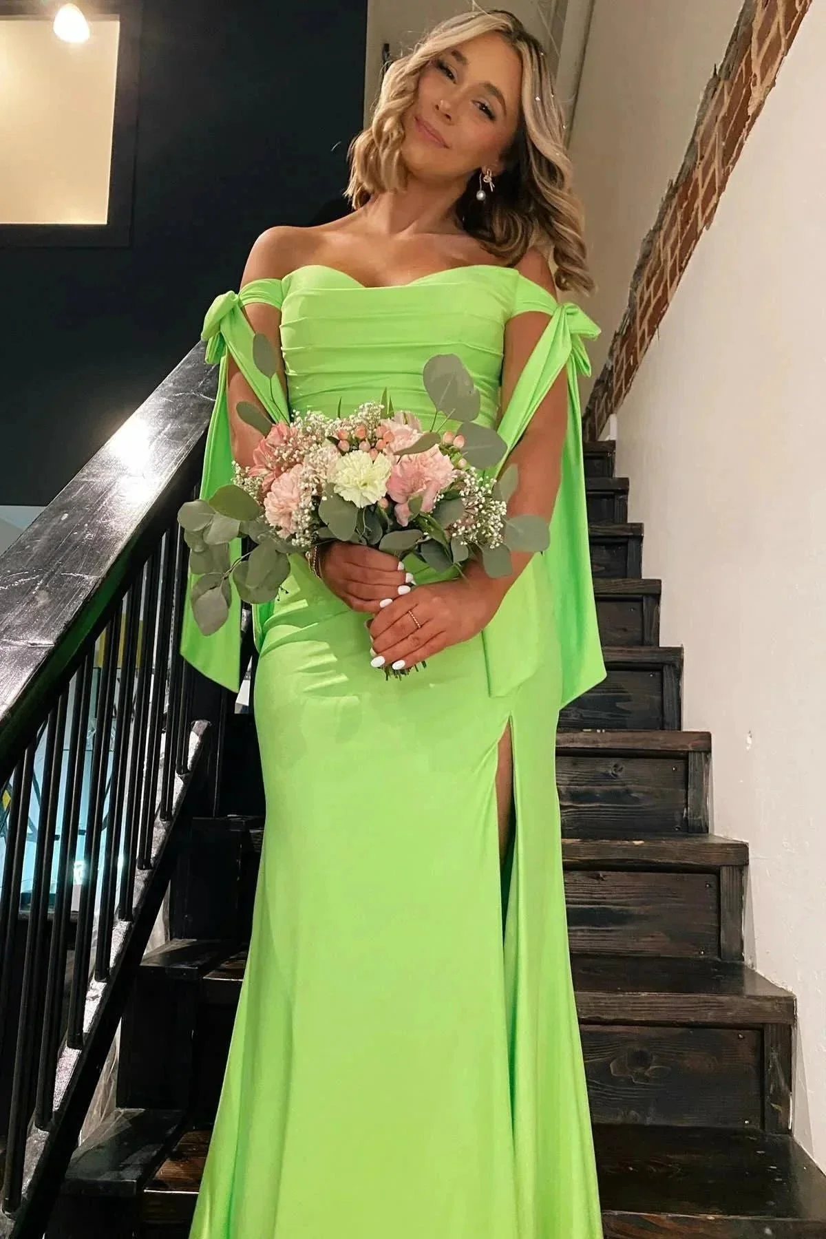 Lincoln | Off the Shoulder Lemon Green Ruched Mermaid Long Formal Dress - Image 2