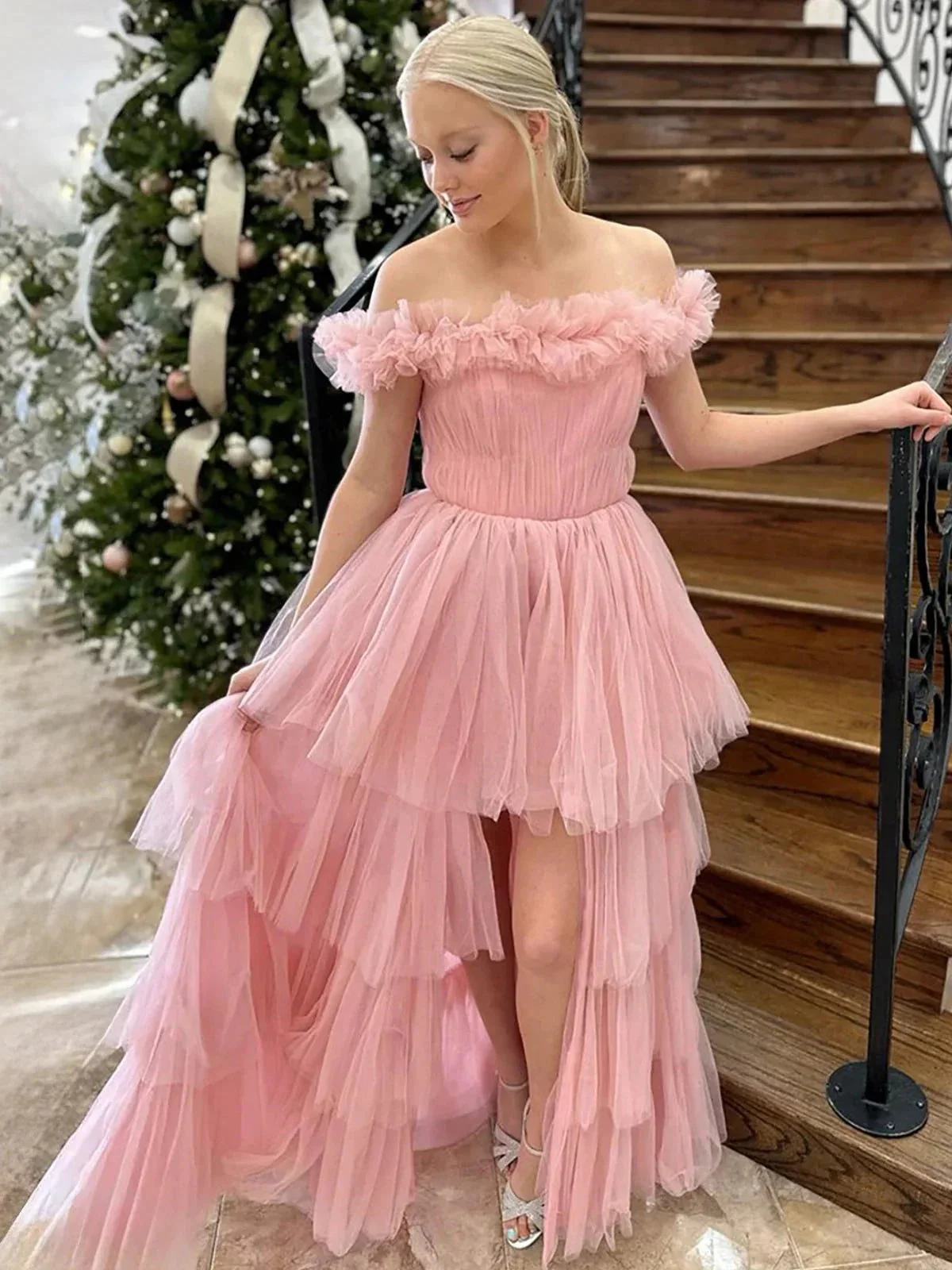Linen | Pink Off The Shoulder Tulle A Line Prom Dress With Split - Image 2