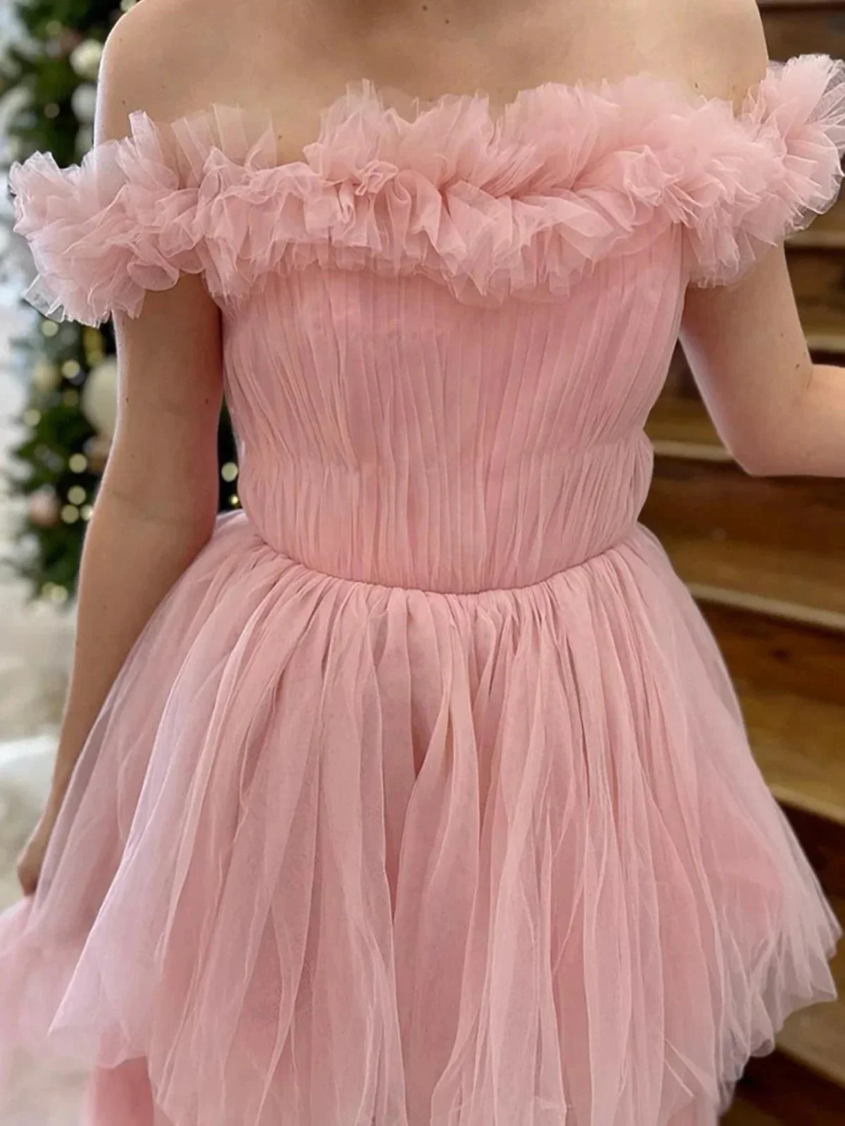 Linen | Pink Off The Shoulder Tulle A Line Prom Dress With Split - Image 3