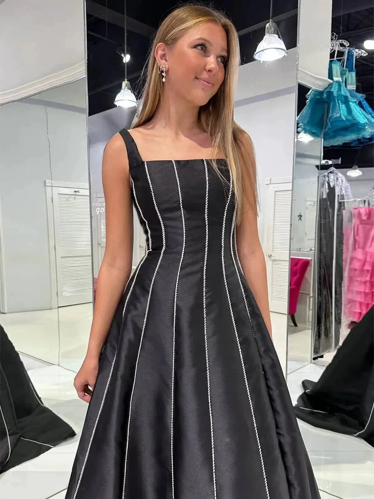 Linlee | Black A-Line Straps Square Beads Pleated Long Prom Dress - Image 2