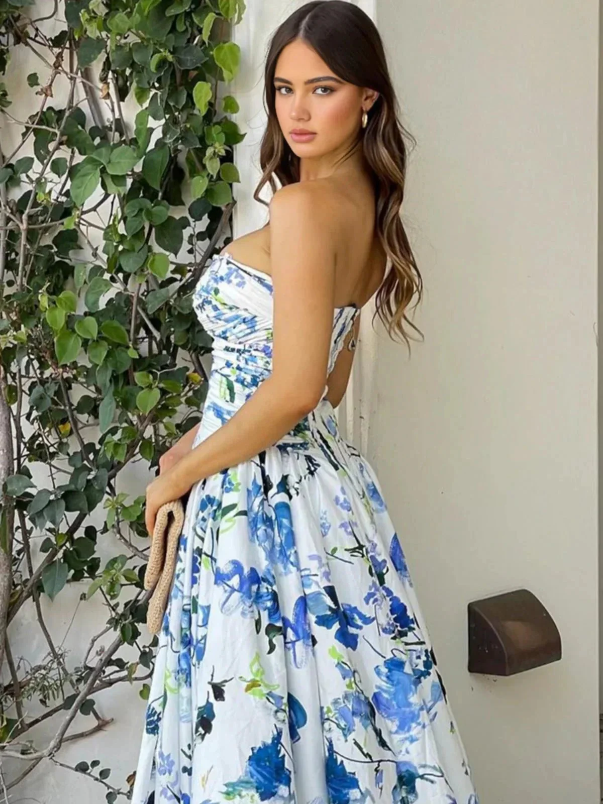 Litte | A-Line Blue Printed Strapless Long Prom Dress - Image 2