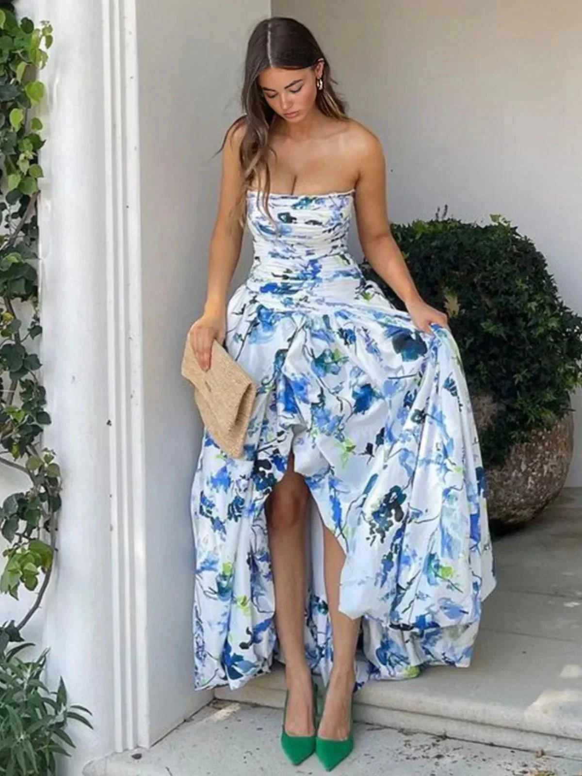 Litte | A-Line Blue Printed Strapless Long Prom Dress - Image 3