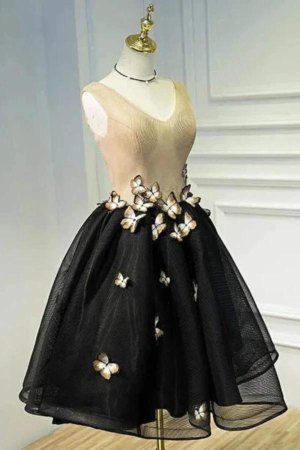 Little Black Homecoming Dress Butterfly V-neck Short Prom Dress PD397 - Image 2