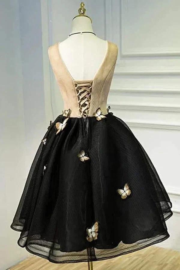 Little Black Homecoming Dress Butterfly V-neck Short Prom Dress PD397 - Image 3