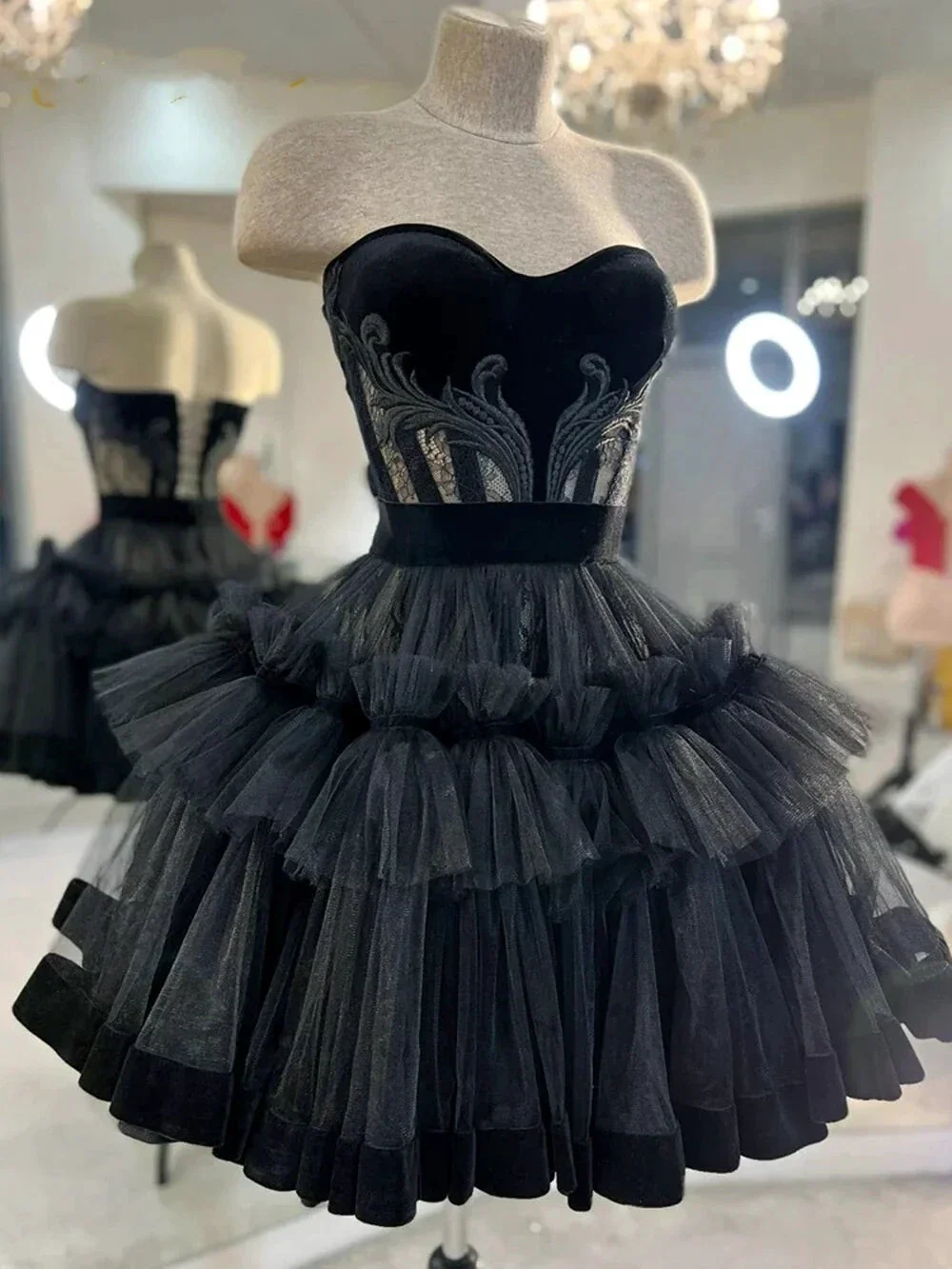 Little Black Short Homecoming Dresses Lace Exposed Boning Mini Party Pom Gowns Tulle Tutu Skirt Gothic Graduation Outfits Y2615 - Image 2