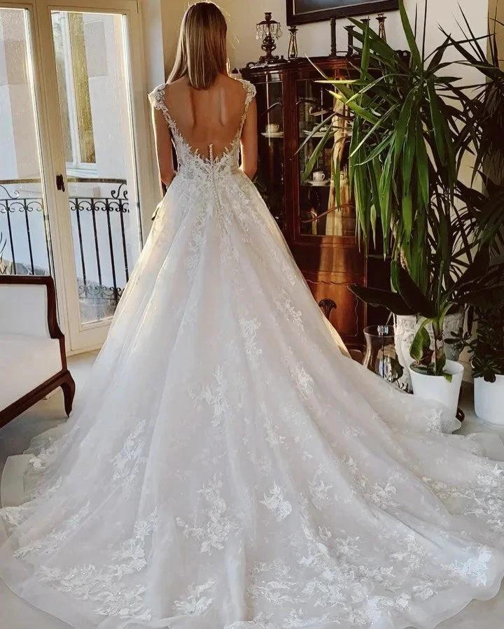 Long A-line Appliques Lace Backless Church Train Wedding Dress - Image 2