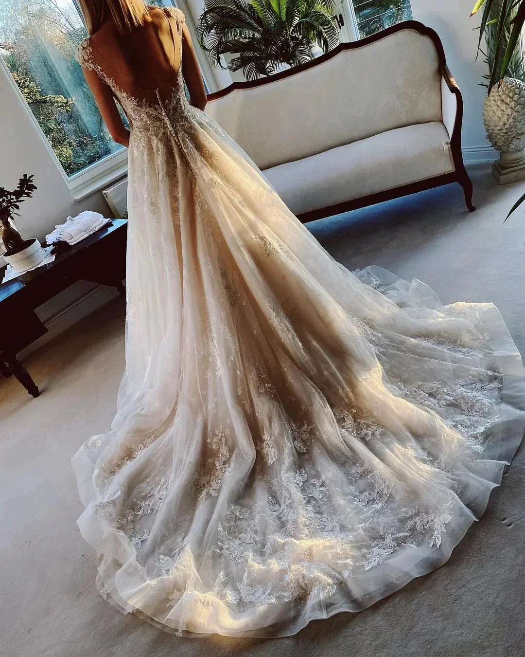 Long A-line Appliques Lace Backless Church Train Wedding Dress - Image 3