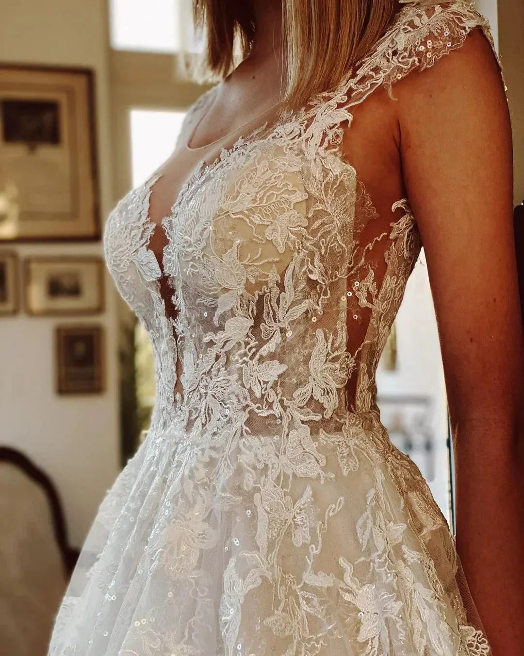 Long A-line Appliques Lace Backless Church Train Wedding Dress - Image 5