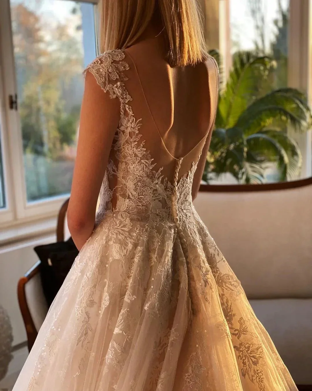 Long A-line Appliques Lace Backless Church Train Wedding Dress - Image 6