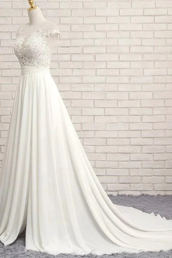 Long A-line Appliques Lace Chiffon Wedding Dress with Slit - Image 3