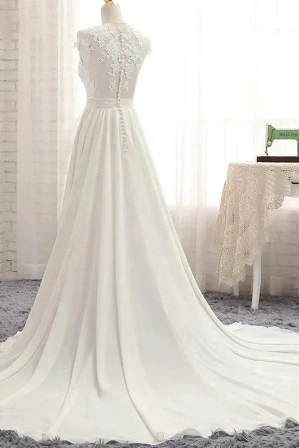 Long A-line Appliques Lace Chiffon Wedding Dress with Slit - Image 4